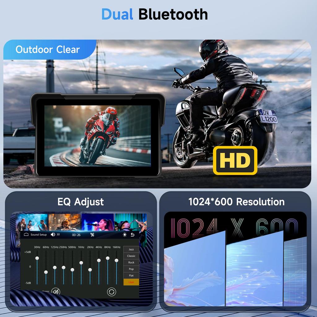 HD Waterproof Touchscreen Motorcycle CarPlay Monitor with Wireless CarPlay Android CarPlay GPS Android Bluetooth and Portable CarPlay Screen for
