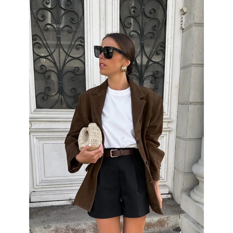 Módní hnědá s dvojitým kapesním sakem sako Žena jednořadý dlouhý rukáv, krátký kabát, dáma podzimní oblečení z ulice