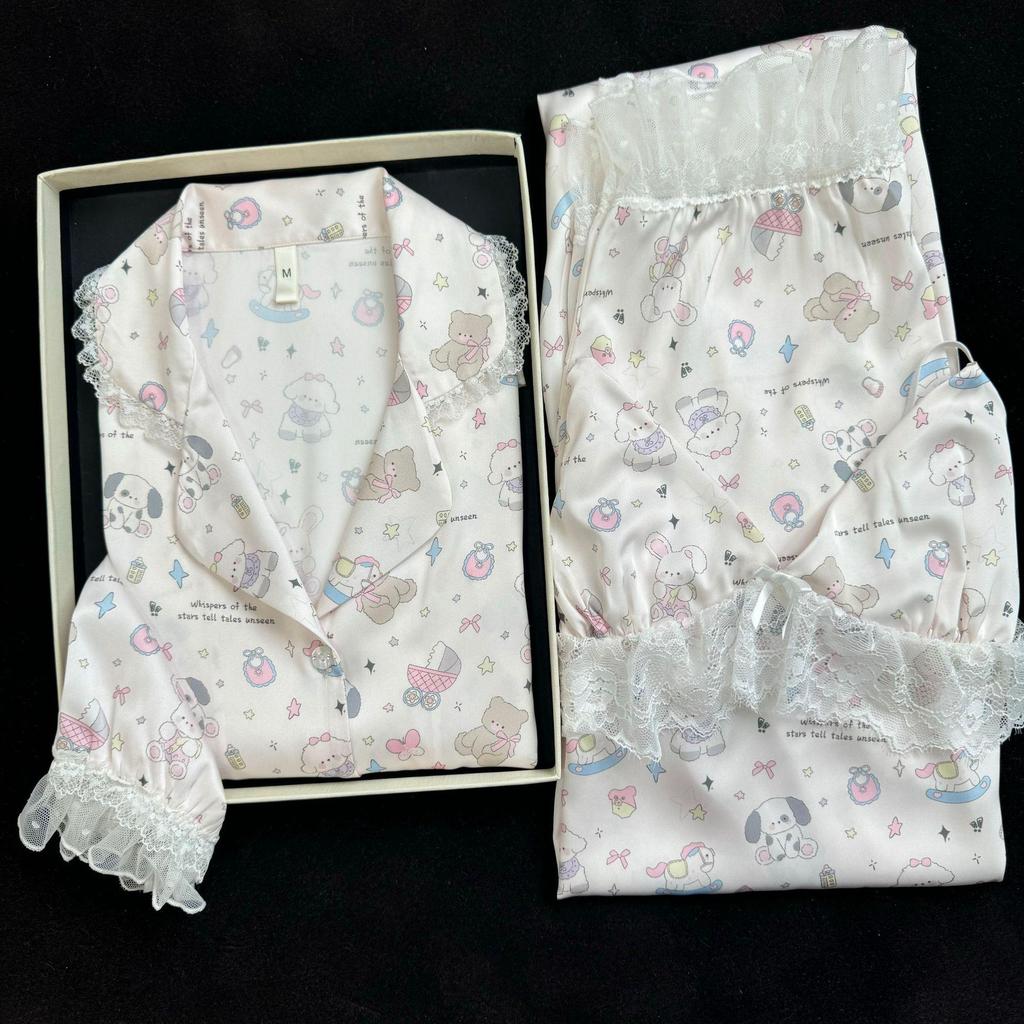 2026 Women's Ice Silk Floral Pajama Set: Long Sleeve Top, Long Pants, Lace Camisole with Bra Pads