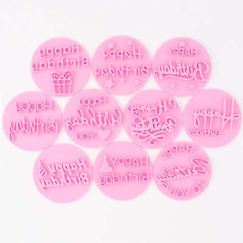 New Happy Birthday Cookie Embosser Mold English Letter Biscuit Embossed Stamp Baby Shower Party Fondant Cake Decorating Tools
