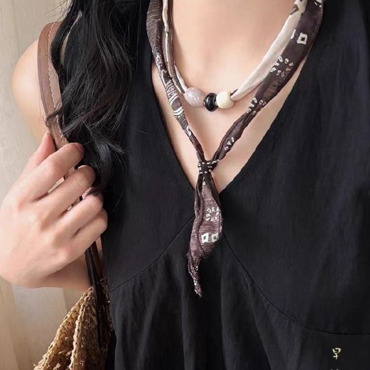 Lightweight Printed Fabric Necklace Layering Beaded Accent Adjustable Scarf Neck Chain Perfect For Gift Giving