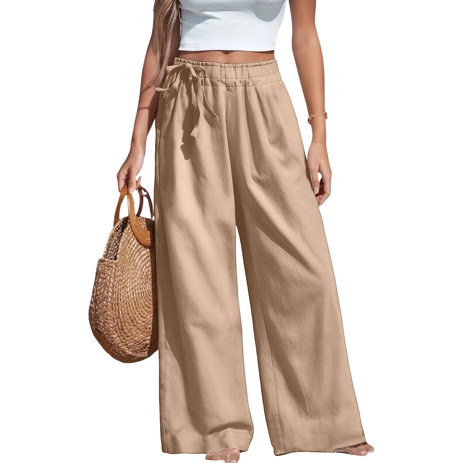 

Fashionable Women s Summer Cotton And Hemp Thin High Waist Side Strap Retro Artistic Elastic Casual Pants For Women XXXL=5 хакі