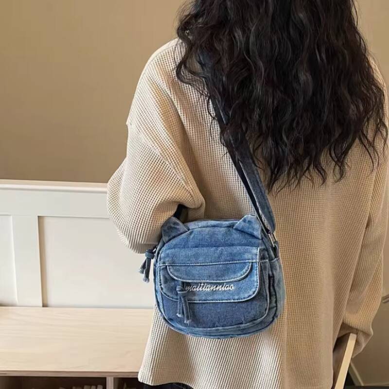New Cute Cat Ears Denim Mini Crossbody Bag Women Casual Simple Shoulder Bag Fun Coin Pouch Travel Outdoor Y2K Small Wallet Purse