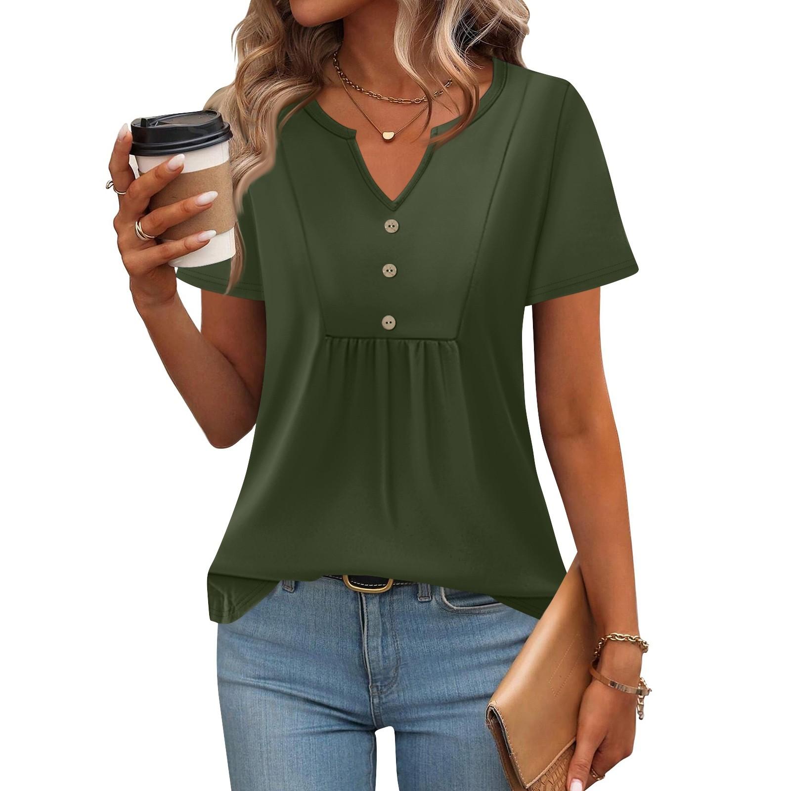 

Жіночі топи з короткими рукавами Літні футболки з V-подібним вирізом Повсякденна плісирована блузка Вільна футболка з принтом Базова футболка L армія зелений колір
