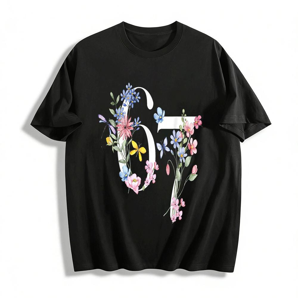 

Floral Number 6 Print Casual T-shirt Women s Loose Breathable Top Pure cotton T-shirt XXS