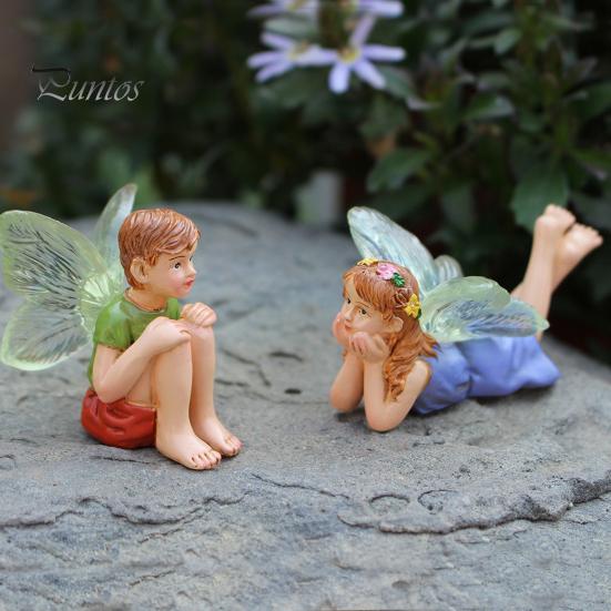 Small Fairy Tale Garden Ornaments 2Pcs/Set Boy And Girl Statues, Resin Miniature Figurines, Mini Landscape Statues for Patios Cute Figures Garden,