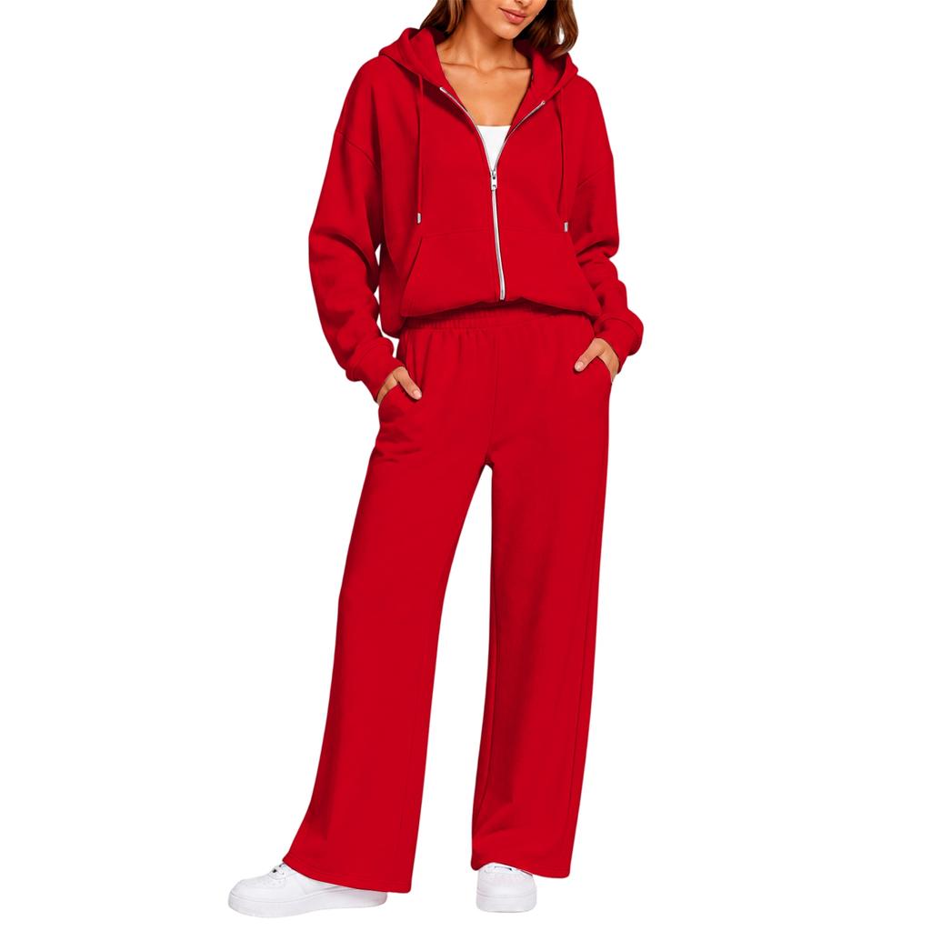 Completo Casual da Donna a Due Pezzi con Cardigan con Zip e Cappuccio e Pantaloni a Gamba Larga