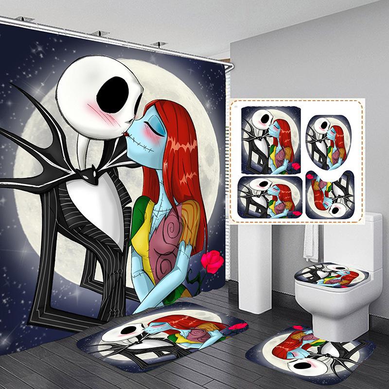 Shower Curtain 4-Piece Curtain Bathroom Non-Punching Shower Curtain Set, Halloween 3D Printed Shower Curtain