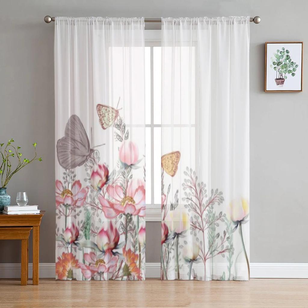 Pfingstrosen-Blumen-Fenstervorhänge, transparenter Chiffon-Tüll-Vorhang für Zuhause, Wohnzimmer, Hintergrunddekoration