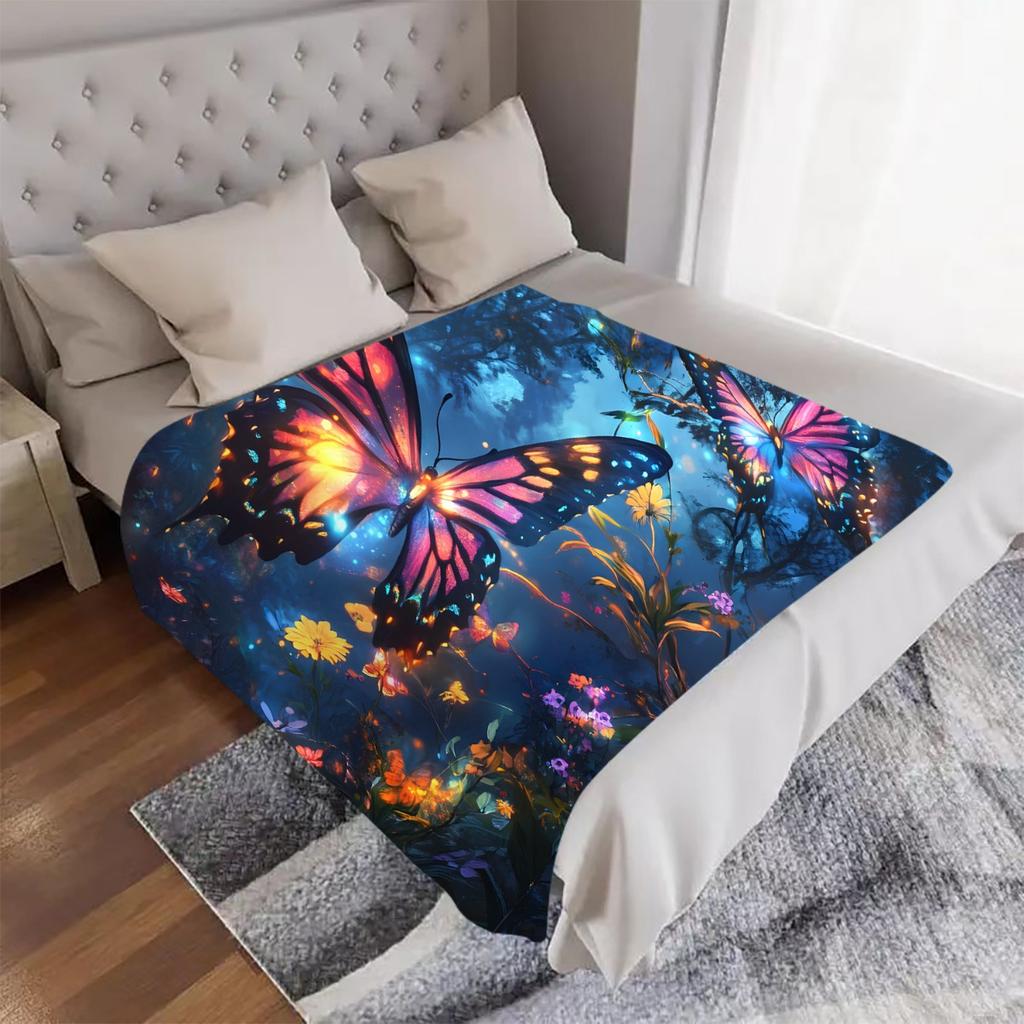 1pc Dream Butterfly Digital Printed Design Blanket - All-Season Soft Flannel Throw with Vibrant Butterfly & Floral Patterns