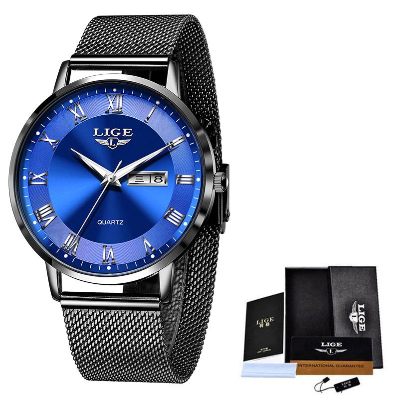 Luxury Mens Fashion Lige Quartz Watch Casual Mesh Strap Date Week Ultrathin Mens Clock
