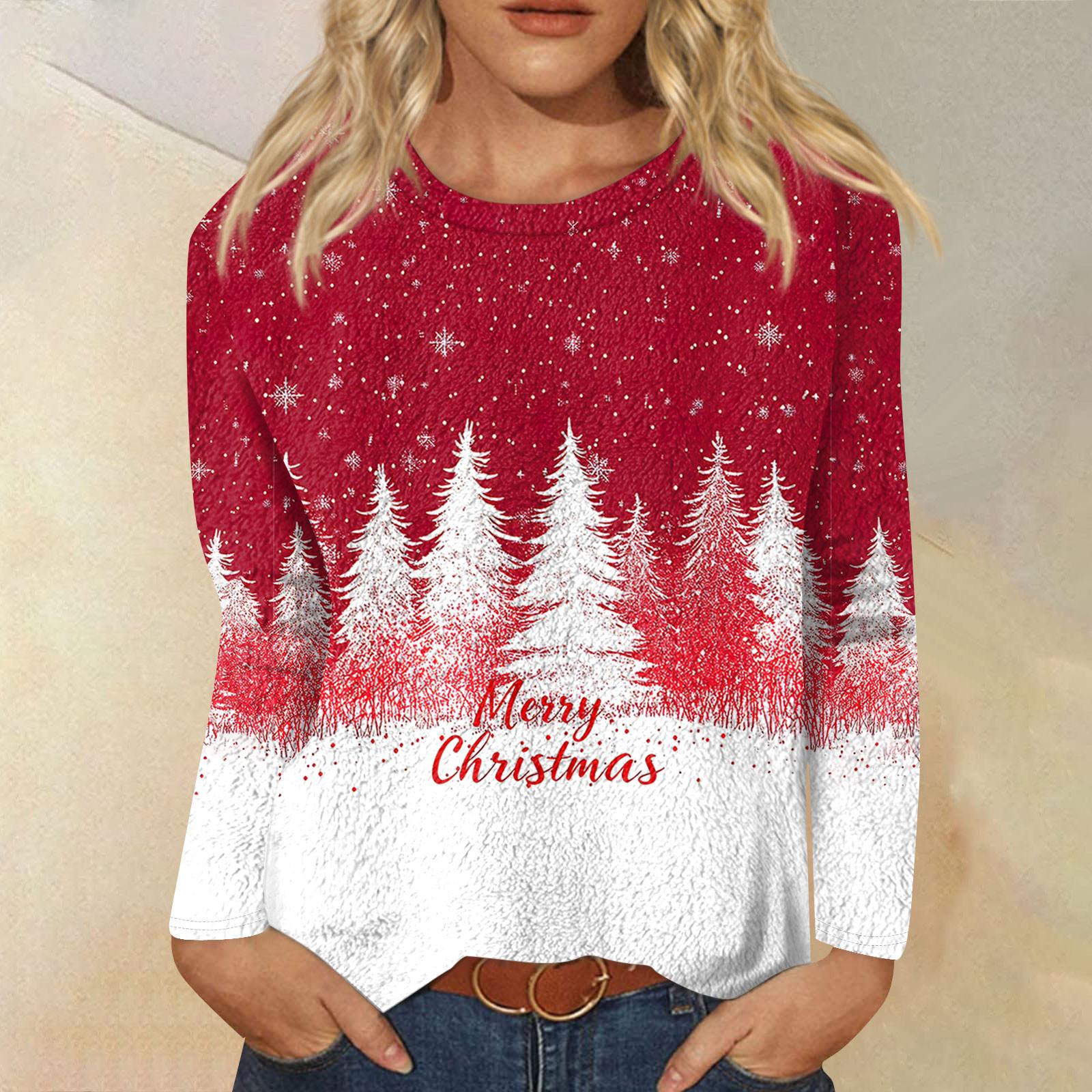 

Жіноча модна повсякденна різдвяна футболка з фланелевим принтом і довгим рукавом із круглим вирізом XXXXXL червоний