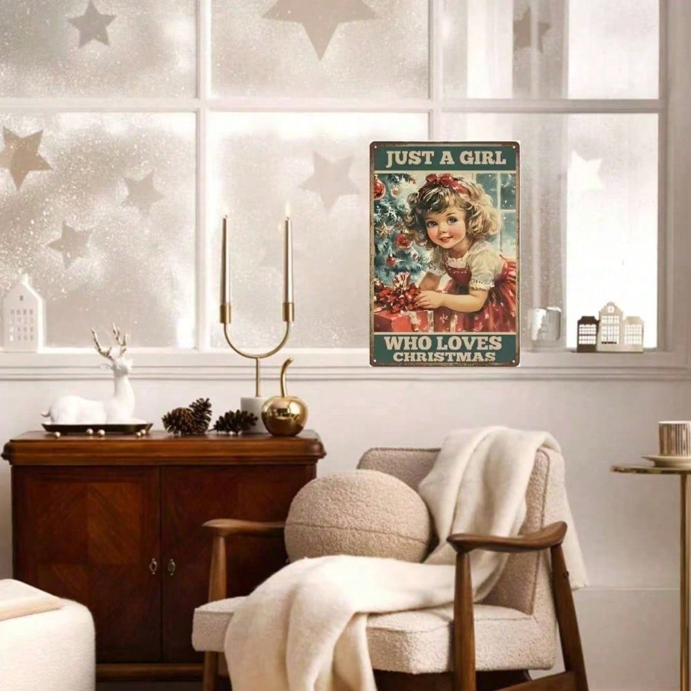 Vintage Christmas Tin Sign Girl Loves Christmas Wall Decor Metal Art 8x12 Inch Gift