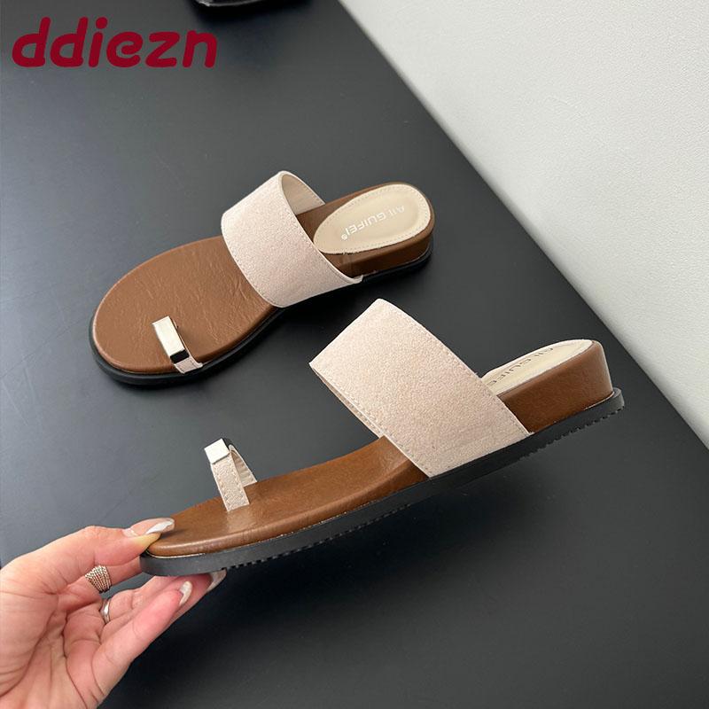 Fashion Round Toe Fashion Metal Women Flats Slippers Flip Flops Summer Beach Slides Female Flats Slippers Sandals Shoes For Ladies