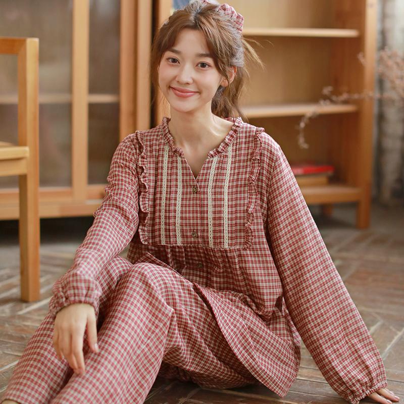 Ladies' Autumn Countryside Elegant Small V-neck Long-sleeved Pants Home Clothes Set