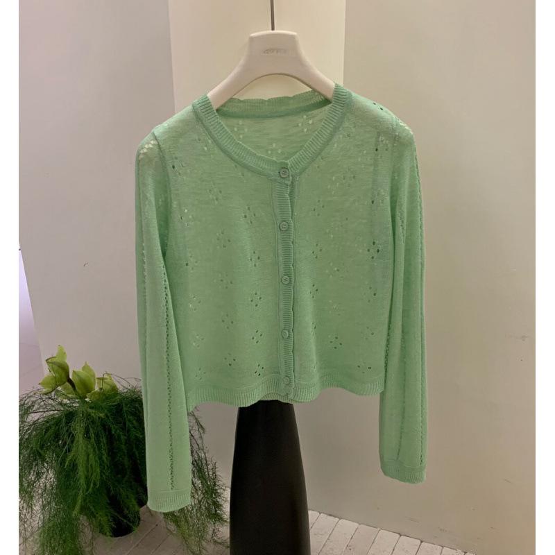 

Сладкий, нежный и милый маленький кружевной ажурный вязаный кардиган женский весенне-летний простой однотонный топ с длинными рукавами average size зелёный