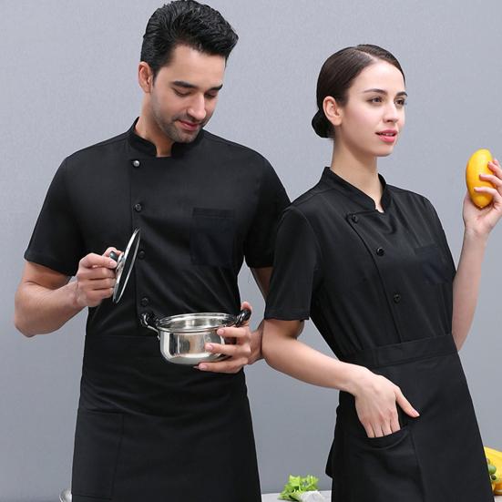 Hotel Chef Clothes Stand Collar Single Breasted Short Sleeve Breathable Overalls Stain Proof Cotton Blend Summer Chef Shirt Restaurant Kitchen Uniform