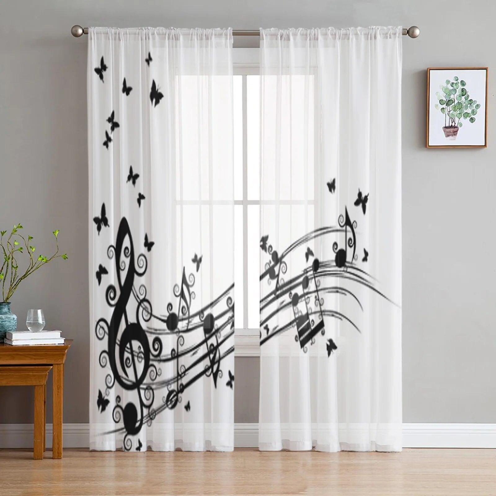 Muzieknoten Achtergrond Tule Gordijnen voor Woonkamer Slaapkamer Raam Transparante Gordijnen Keuken Balkon Voile Gordijnen 135W x 114H(cm)