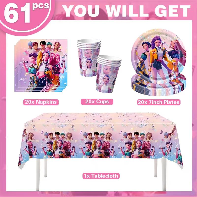 K-Pop Kindergeburtstagsparty Zubehör All-in-One Dekorationsset - Papiergeschirr Becher Süßigkeitenbox Geschenktüten Banner für festliche Feiern