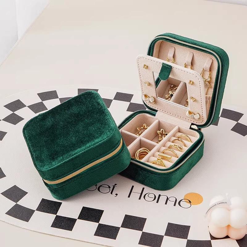 European Style Two-Layer Velvet Jewelry Box with Mirror for Earrings, Rings, and Necklaces