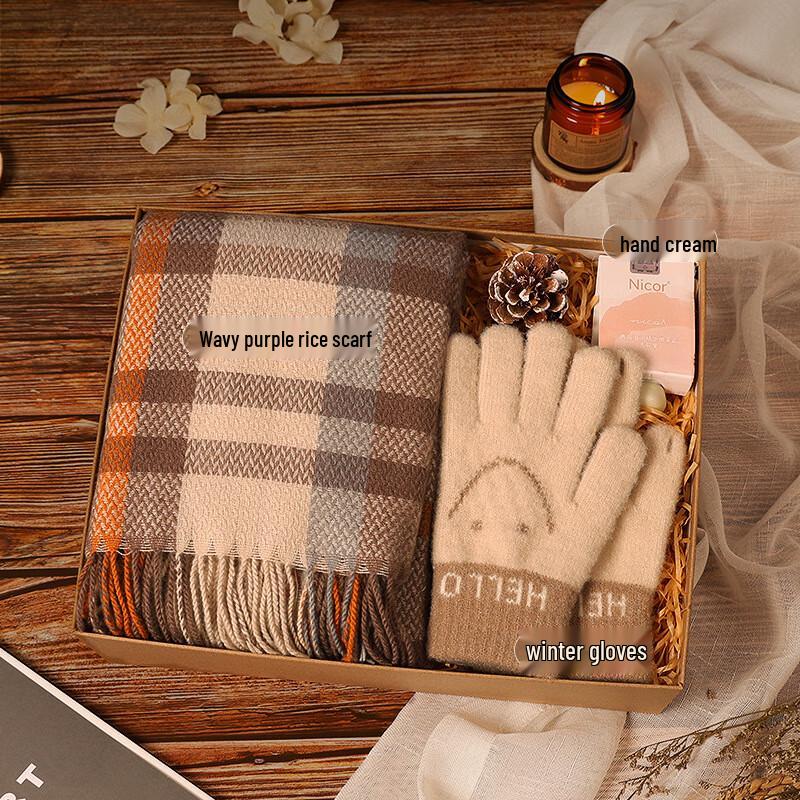 Festive Warmth Gift Set Wave Purple Rice Scarf + Gloves + Hand Cream