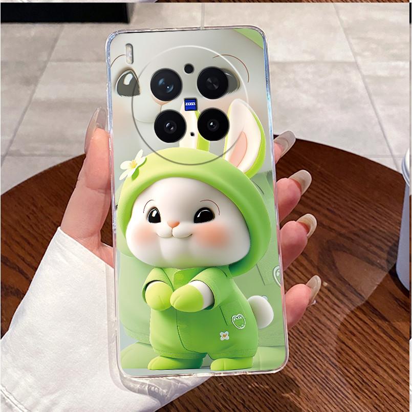 Green Fluffy Cartoon Rabbit Pattern Phone Case For Vivo X300 Pro Transparent TPU Soft Cover Shockproof Couple Protective Shell