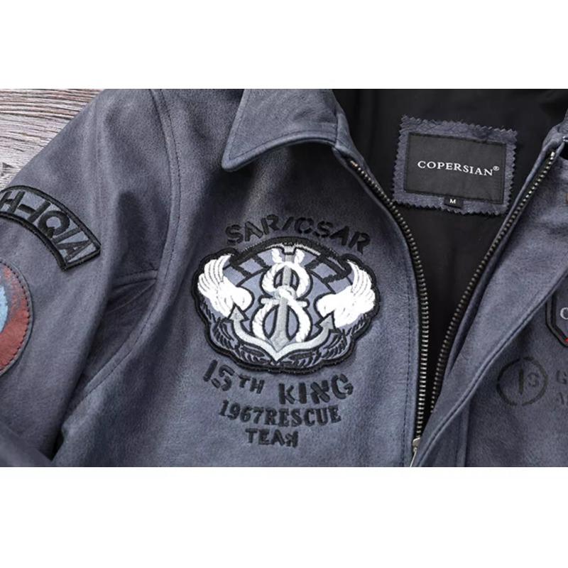 Chinese Size Blue Genuine Leather Jacket for Men Real Cowhide Skin Military A2 Flight Suit Embroidered Pilot Coats Mens Aviation Clothing Autumn