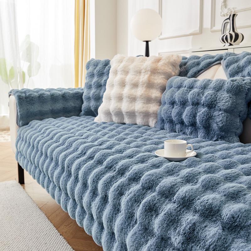 Nordic Minimalist Winter-Style Thick Plush Rabbit Fur Sofa Cushion & Non-Slip Cover