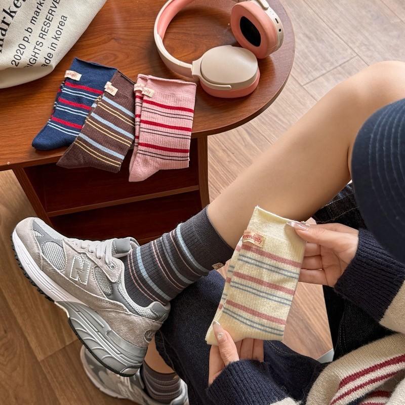 Color Matching Striped Cloth Label Socks College Sub-Casual Medium Tube Socks Cloth Label Versatile Stacking Socks Sports Stockings