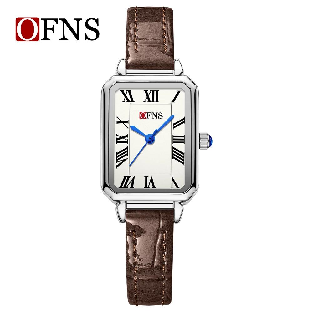 Ofns Waterproof Women's Watch with Bamboo Pattern Strap Square Dial Niche Design Casual Daily Dress Wristwatch for Ladies