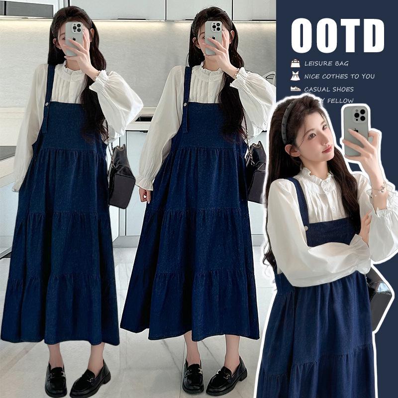 2026 Spring Korean Style Maternity Denim Overalls & Shirt Set M [Weight: 90-115 lbs]