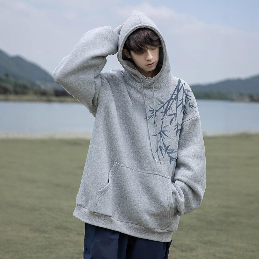 New Chinese National Wind Gray Hooded Sweater Men's New Autumn and Winter Loose Casual Clothes