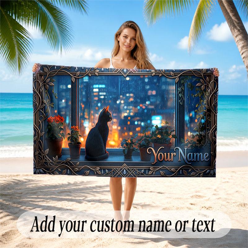 Cat Theme Soft Beach Towel Personalized Custom Name Text Towel Portable for Beach Pool Travel