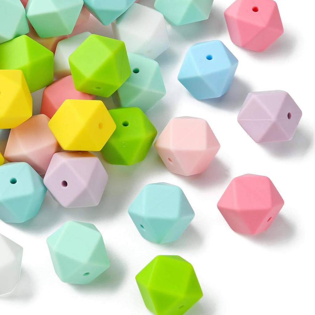 DanLingJewelry 50Pcs 17mm Hexagon Silicone Beads Large Colorful Polygonal Hexagonal Silicone Rubber Loose Beads for Pen Lanyard DIY Jewelry Making