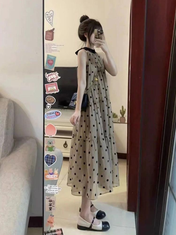 French Polka Dot Halter Neck Sleeveless Summer Maxi Dress for Women
