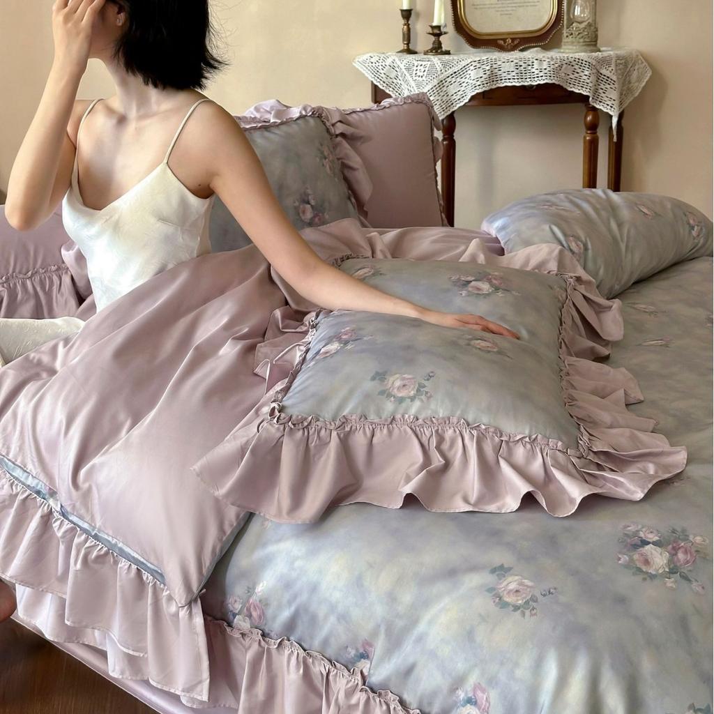 Cotton Bedding Four-piece Rose Printing Skin-friendly Breathable Comfortable Quilt Cover Bed Sheet Pillowcase Kit