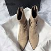 Fashion Women's Beige Suede Ankle Boots Pointed Toe Chunky High Heels Buckle Strap Short Boots Elegant Office Party Dress Shoes