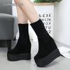 Winter Fashion Platform Black Boots Wedges Women's Botas Height Increasing Ankle Boots Knit Collar Chunky Heel Shoes for Women