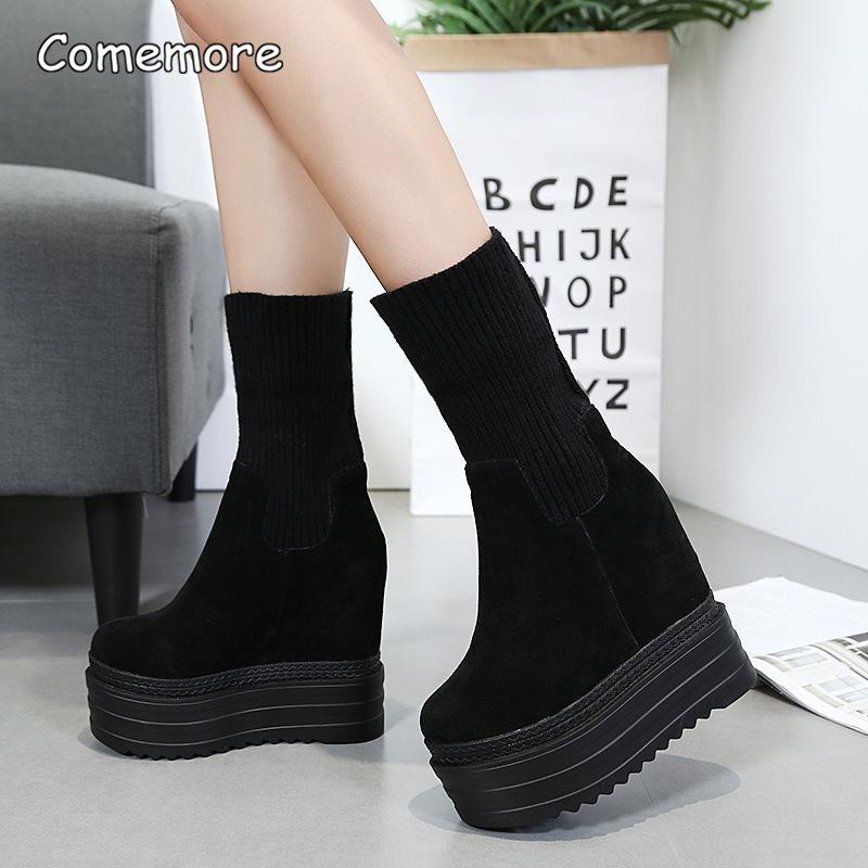 Winter Fashion Platform Black Boots Wedges Women's Botas Height Increasing Ankle Boots Knit Collar Chunky Heel Shoes for Women