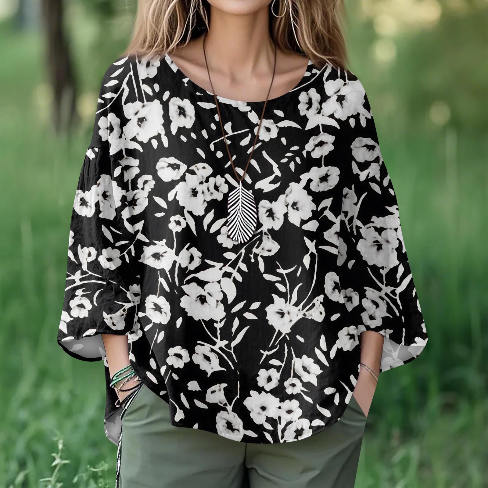 

Summer Tops For Women Cute O Neck 3/4 Sleeve Blouses Floral Print Top Casual Shirts M чёрный