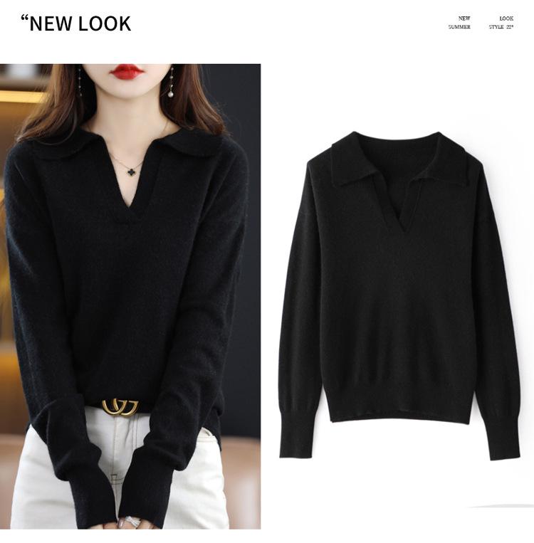 Women's Loose Polo Sweater: 100% Wool Knitwear with Soft Feel, Ideal for Autumn/Winter As Base Layer, Pure Wool Collar.