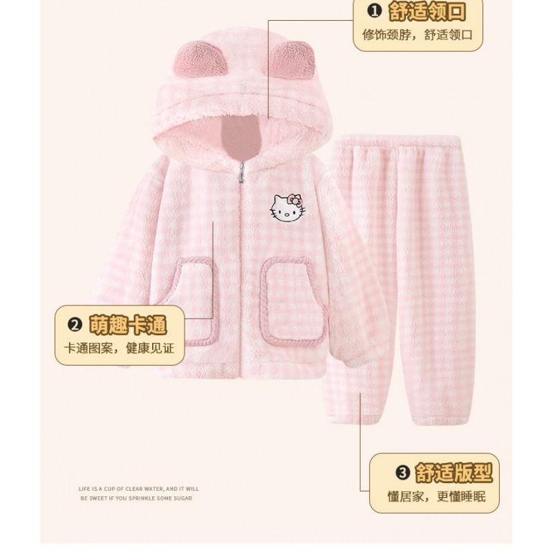Girls Warm Coral Fleece Pajama Set With Hooded Top Pants Thick Soft Sleepwear Winter