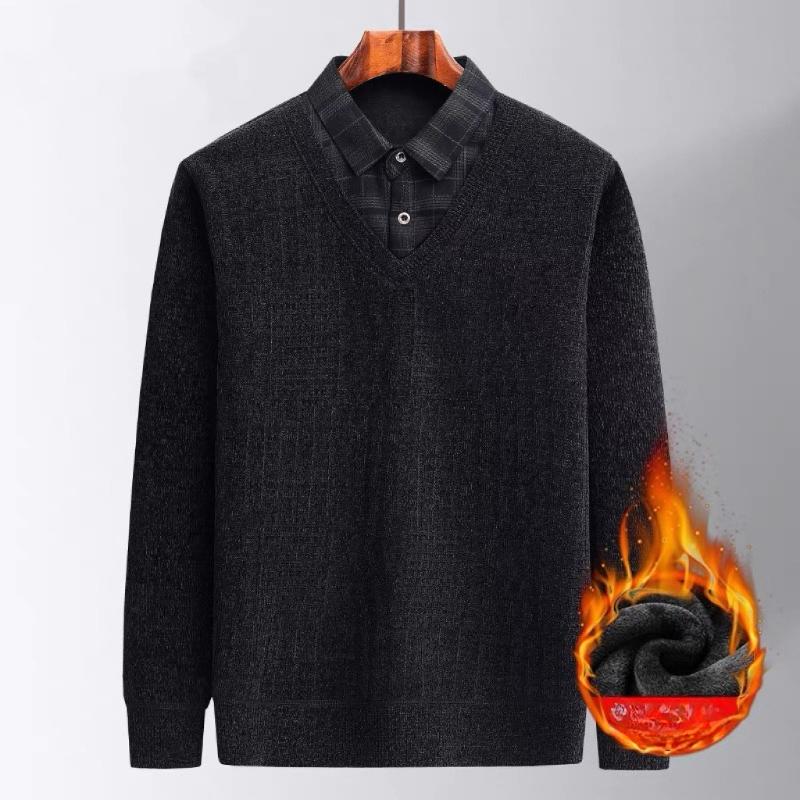 Plus Velvet Warm Sweater Fake Two-piece T-shirt Man's Chic Dad Winter Casual Thickened Bottoming Shirt
