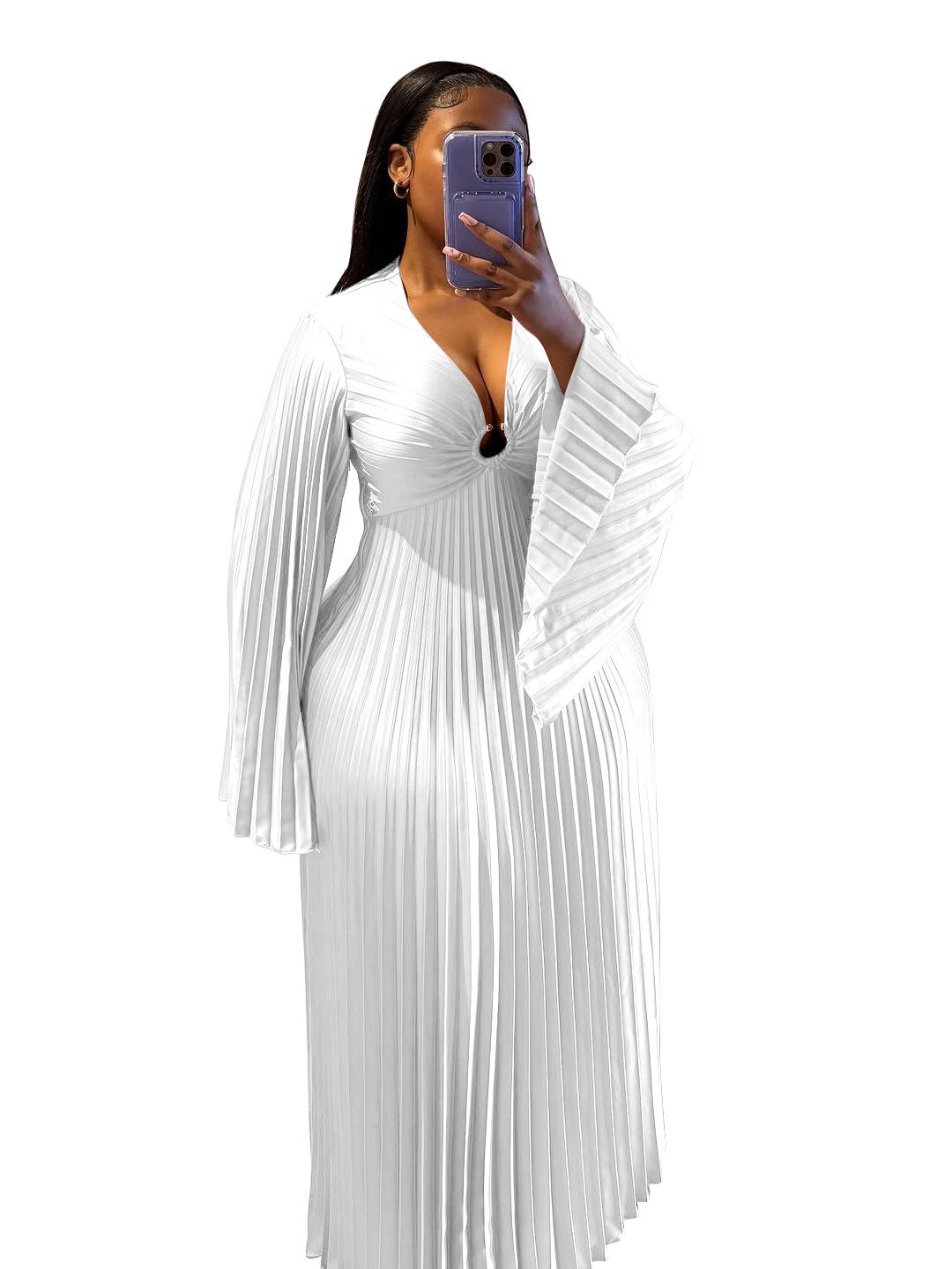 Elegant European & American V-Neck Pleated Long Sleeve Dress for Women 1XL белый