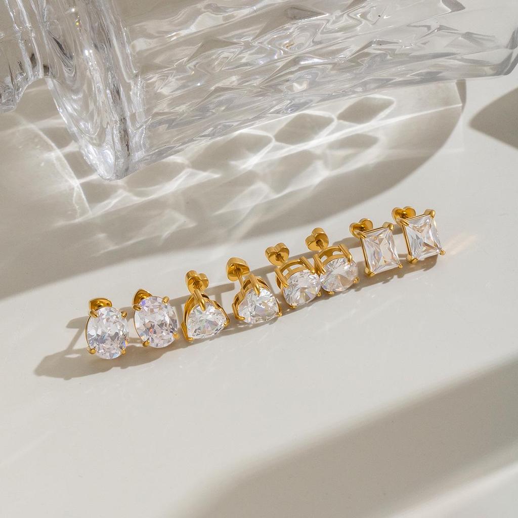 18K Gold Zirconia Stud Earrings - Niche, Simple, Colorfast Titanium Stainless Steel Ear Jewelry