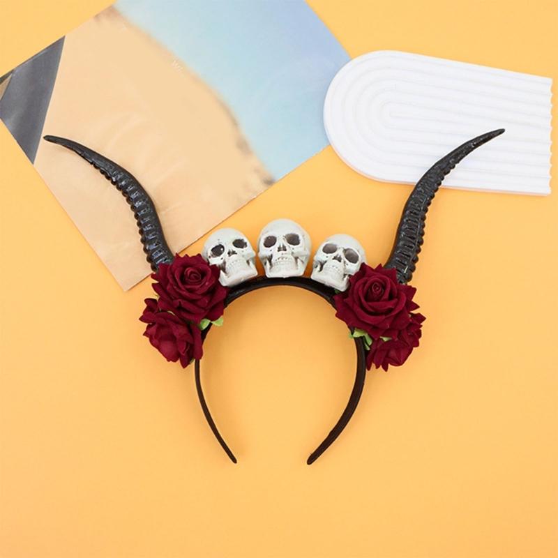 Gothic Lace Rose Devil Horn Headpiece Stylish Hair Hoop Lightweight Photoshoots Props For Halloween Cosplay Event