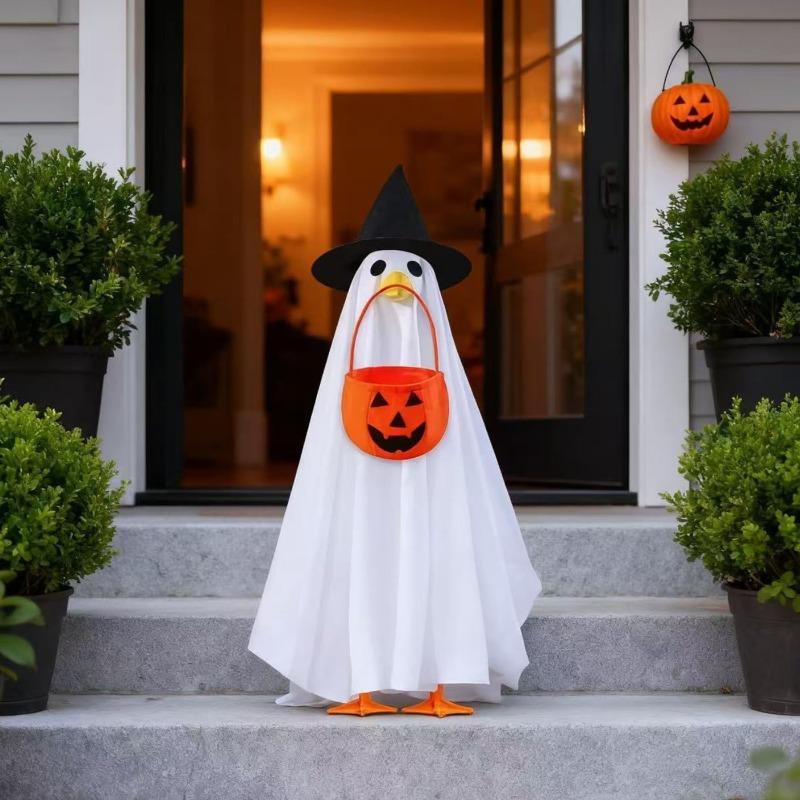 23 Inch Halloween Porch Goose Ghost Costume with Witch Hat and Pumpkin Basket for Porch Yard Holiday Decor