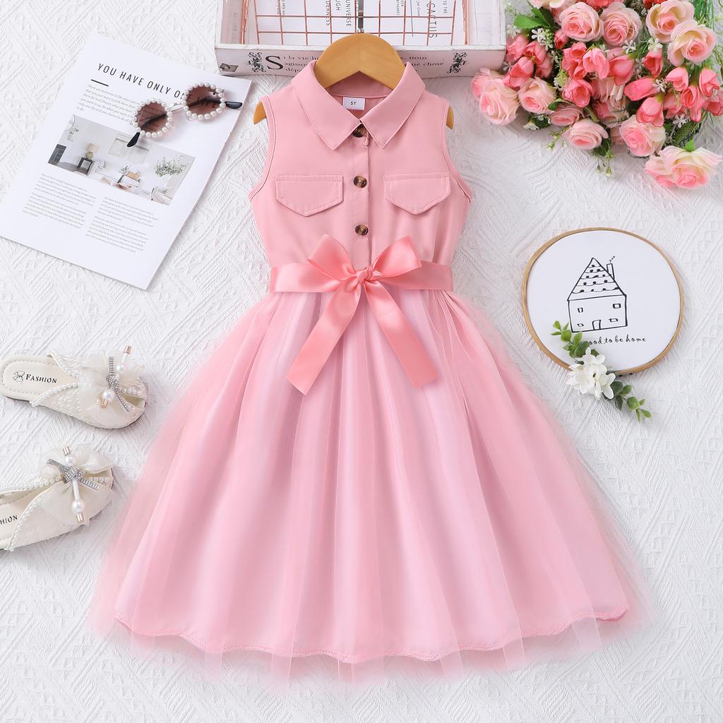 Mädchen (Größe) Kleid, Einfarbiges ärmelloses Revers-Netzkleid mit gewebtem Gürtel