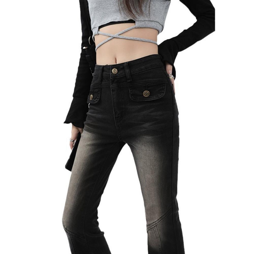 Gatupersonlighet mikro-dragkedja jeans dam vår och höst ny designkänsla slim-fit högmidjade hästskobyxor utsvängda byxor