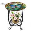2-layer Storage Rack Outdoor Side Table, Round Small Mosaic Bird Butterfly Patio Accent, Indoor End Table Plant Coffee Tea for Yard Porch Garden